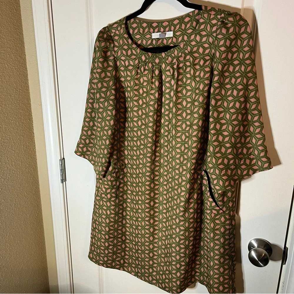 Retro Fossil A-Line Dress | Mid Century Mod Pink Green Geometric Pattern Size M